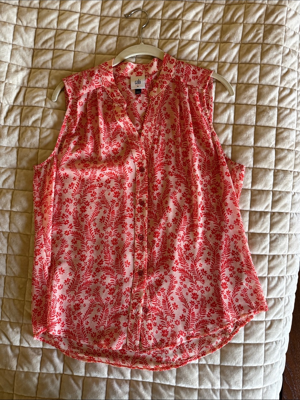 CAbi Coral and Cream Sleeveless Floral Button-Front Blouse